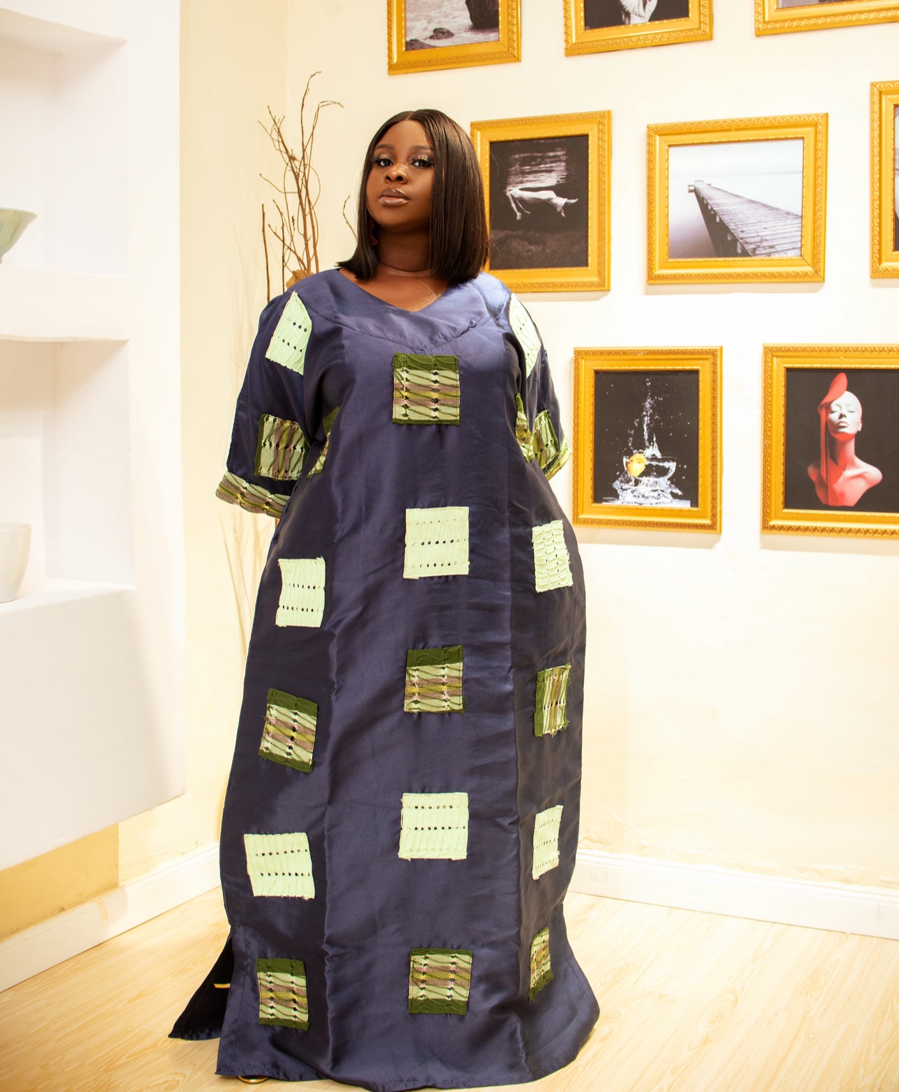 Amina Kaftan with green Aso Oke