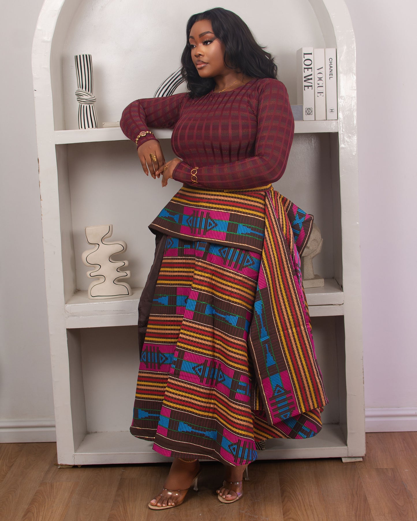 Asake in Burgundy and Multi Color Skirt Only