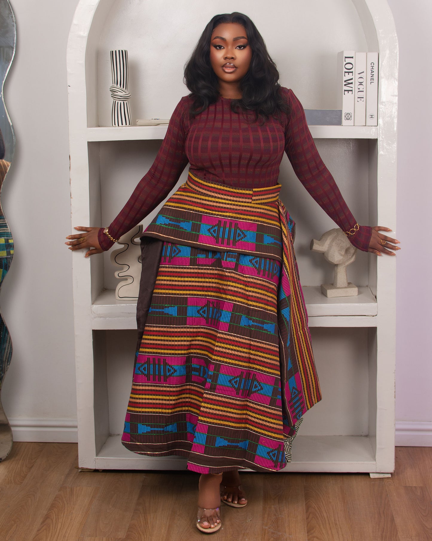 Asake in Burgundy and Multi Color Skirt Only
