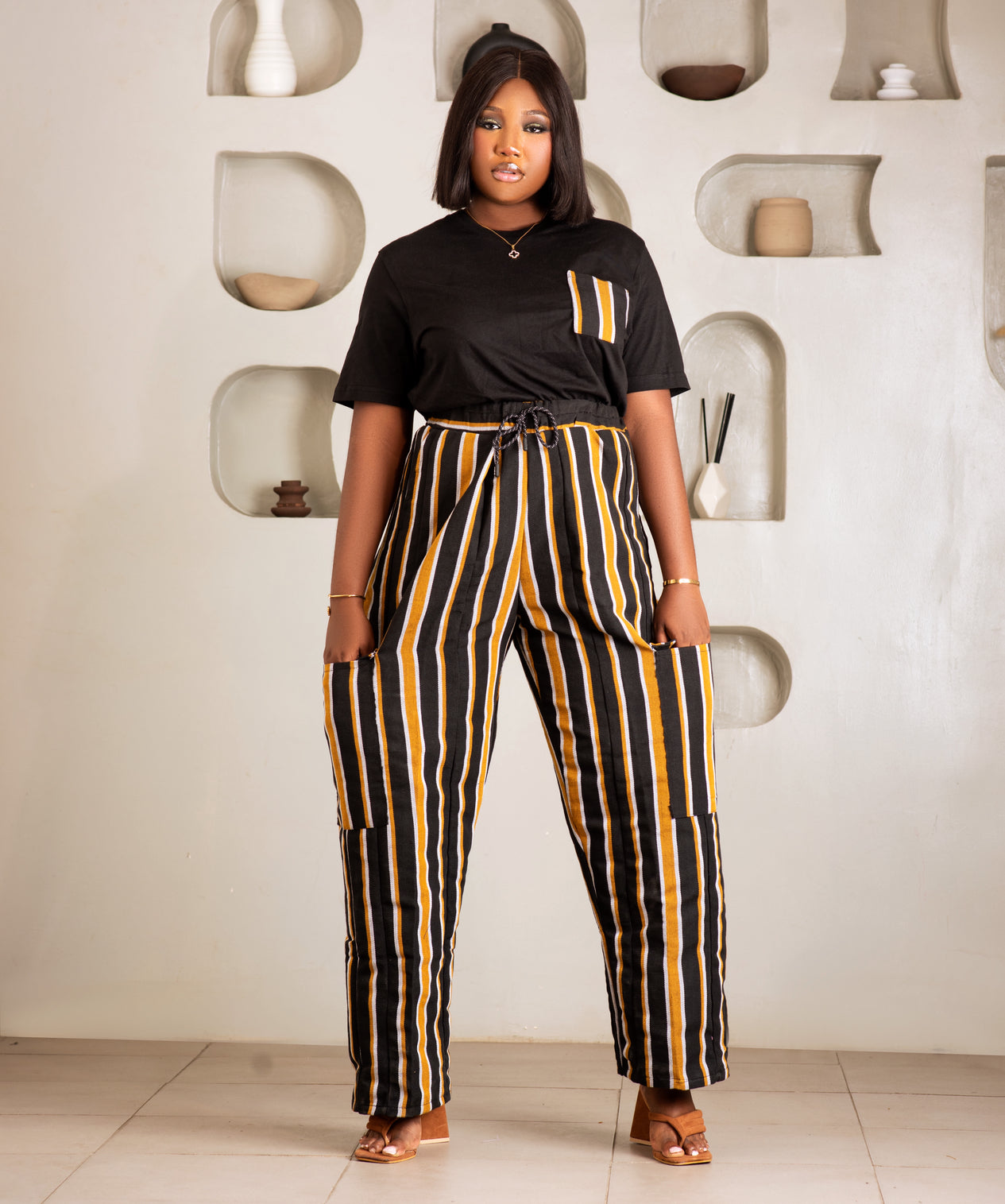 Moremi Aso oke pants in Mustard stripe